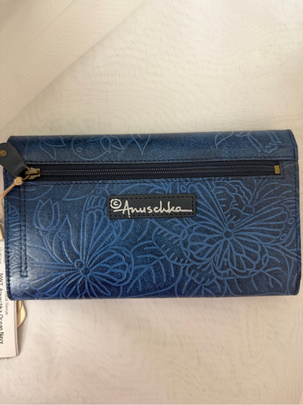 Anuschka Embossed Blue Floral Wallet Clutch with Gold Accent - Picture 2 of 3